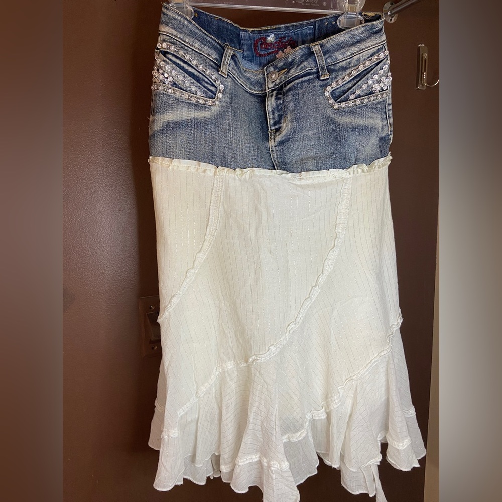 “Romantic Cowgirl” Vintage Candies Skirt Denim White Ruffle And Rhinestones